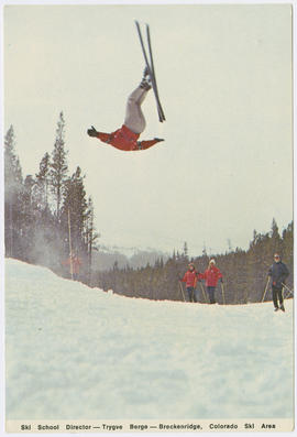 "Ski School Director Trygve Berge executes a perfect somersault on skis."