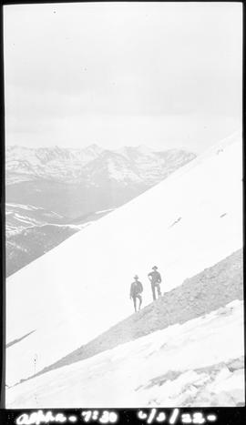 Men stand on the steep, snow-covered side of Bald Mountain, east of Breckenridge, Colorado