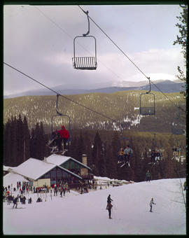 Chairlift 1 and Bergenhof Bar and Restaurant at Peak 8 base of the Breckenridge ski area