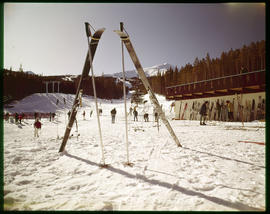 Skis outside the Bergenhof Bar and Restaurant at Peak 8 of the Breckenridge ski area