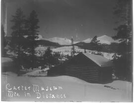 Snowy landscape view of Carter's museum and the Tenmile Range