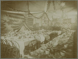 The dining area is decorated for an event in G.A.R. Hall in Breckenridge